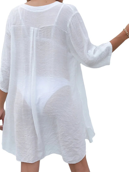 CHRONSTYLE Women Swimsuits Long Sleeve Shirts Mini Dress Bikinis Cover Ups Summer V Neck Solid Color Bathing Suit Cover Ups 2025