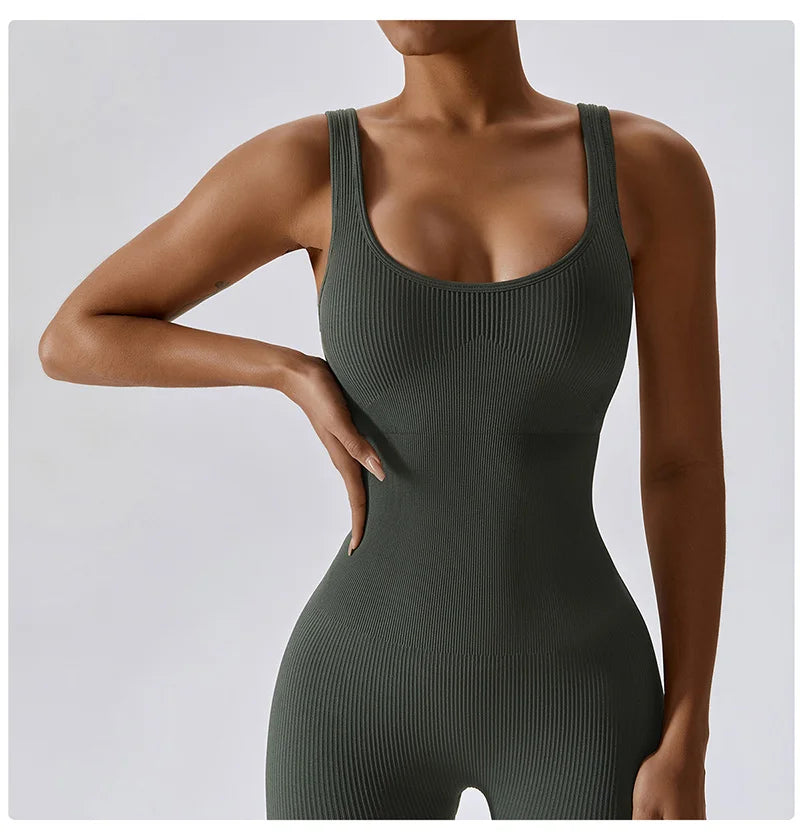 Yoga Jumpsuit Women's Yoga Set One-piece Sports Romper With Chest Pad Fitness Bodysuit Gym Seamless Ribbed Workout Sportswear
