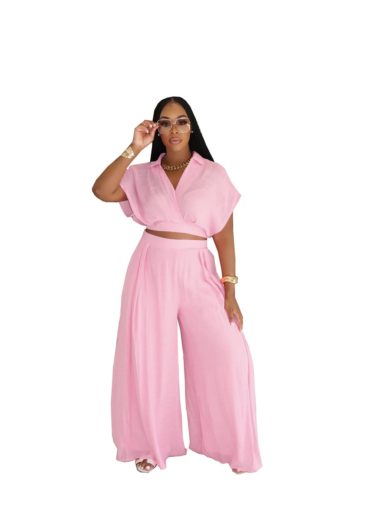 Fashion Summer Women's Set Turn Down Collar Blouse Top and Wide Leg Pants Suit 2025 Two 2 Piece Sets Outfit Tracksuit