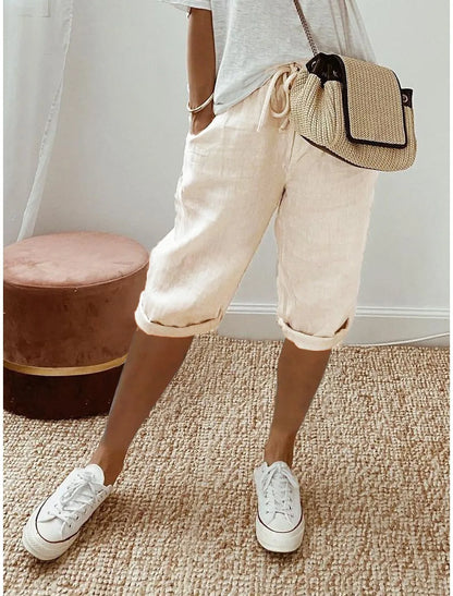 Women Cotton Linen Harem Knee Length Pants Summer High Elastic Drawstring Pocket Solid Color Shorts LRFZ-911