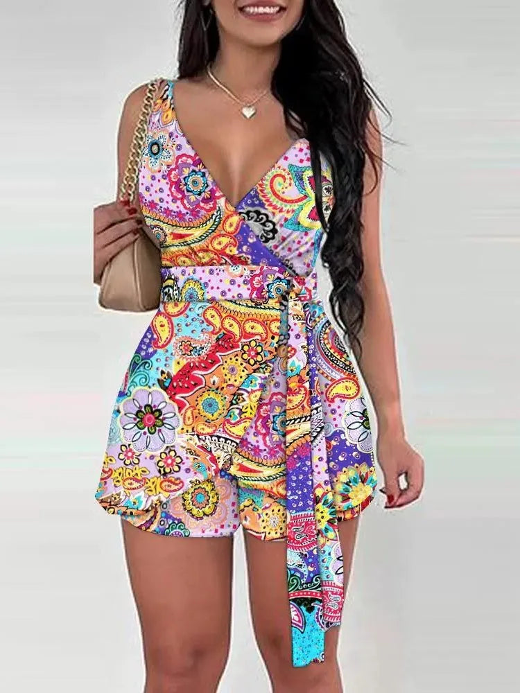 Spring Summer Women's New Fashionable Printed Sexy V-neck Strap Up Waist Sleeveless Strap Top Casual Shorts Set