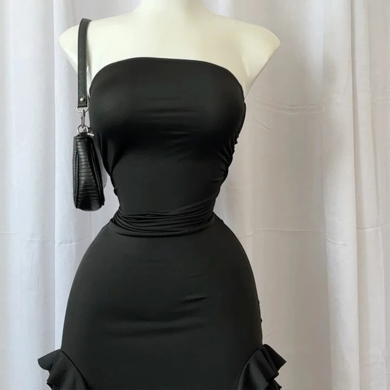 Women Strapless Sexy Floral Fold Hemline High Slit Mini Dress 2025 $ 2026 Solid Backless Sleeveless Black And Pink Party Dress Vestidos