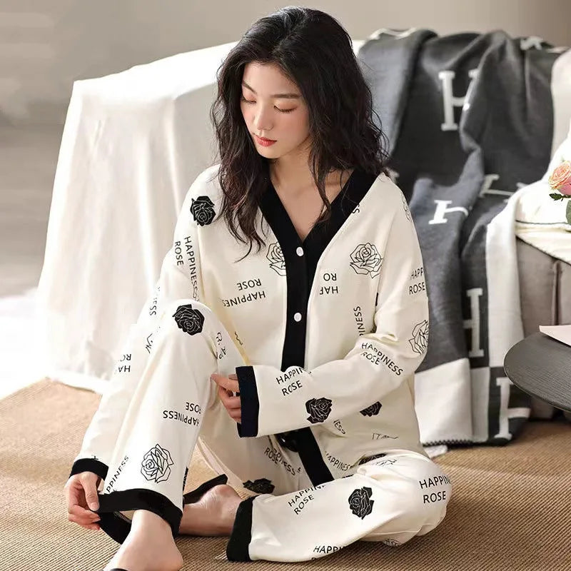 Women Spring and Fall Two-Piece Pajamas Cardigan Long-Sleeved Long Pants Thin Section Polka Dot Printing Maternity Homewear