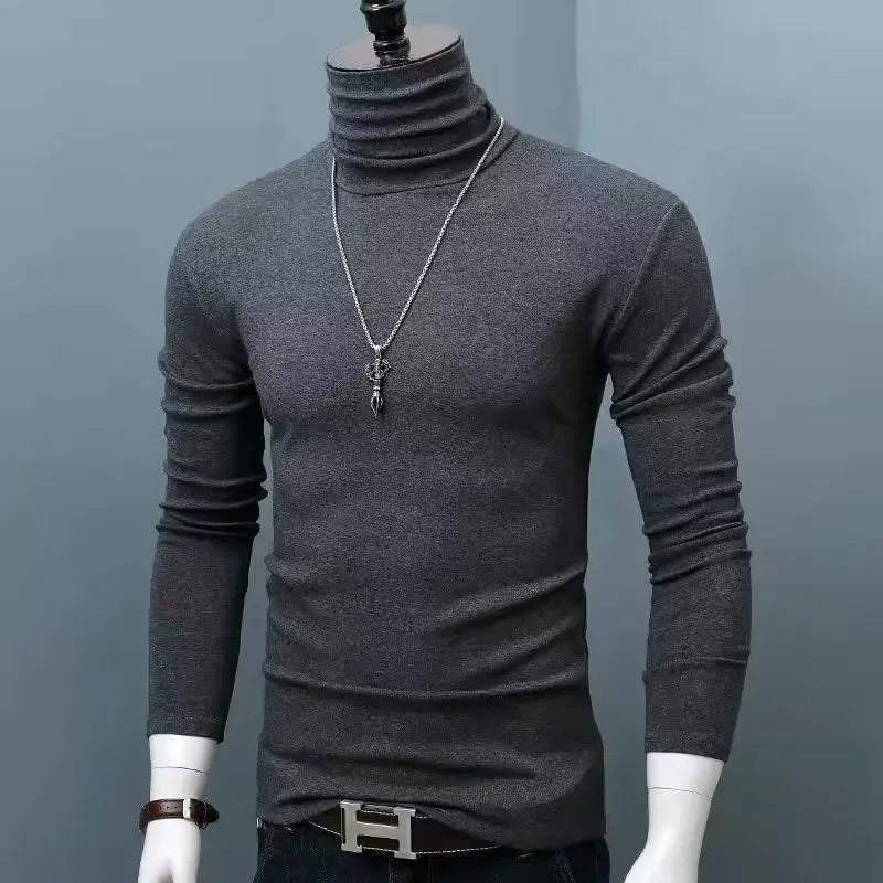 Slim Fit High Collar Long Sleeve Men's Base Shirt Inner Wear Simple Pure Color Large Size Warm Autumn Winter T-shirt Trendy Bran