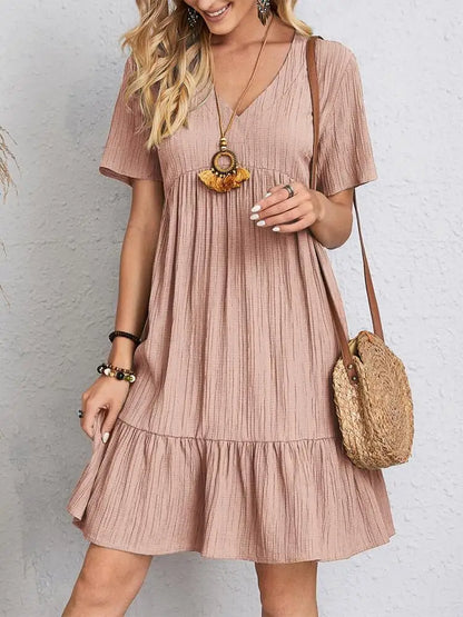 Elegant Solid V Neck A Line Dress 2024 New Summer Ruffles Loose Mini Dress Casual Short Sleeve Beach Party Vestidos Streetwear