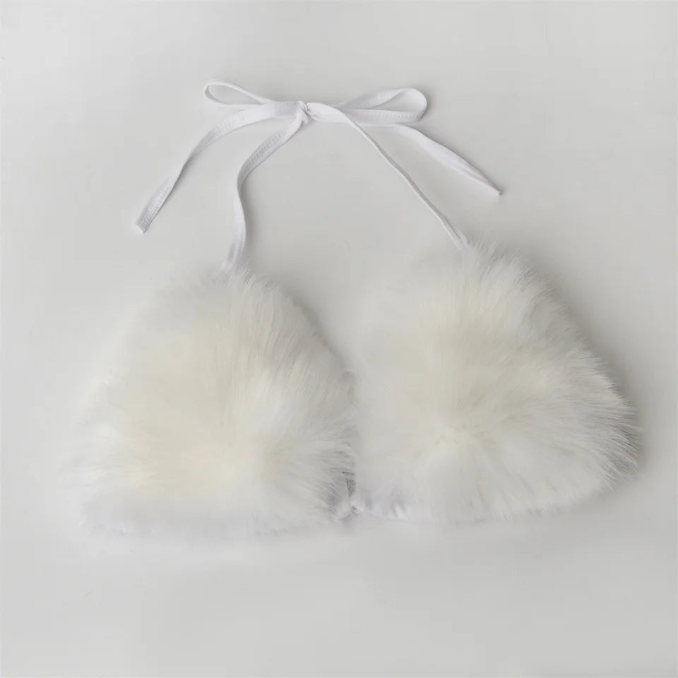 Summer Women Fake Fox Fur Sexy Halter Solid Color Bikini Set Swimsuits Triangle Sexy Bikini Set Faux Fur Swimsuit Plush Swimwear
