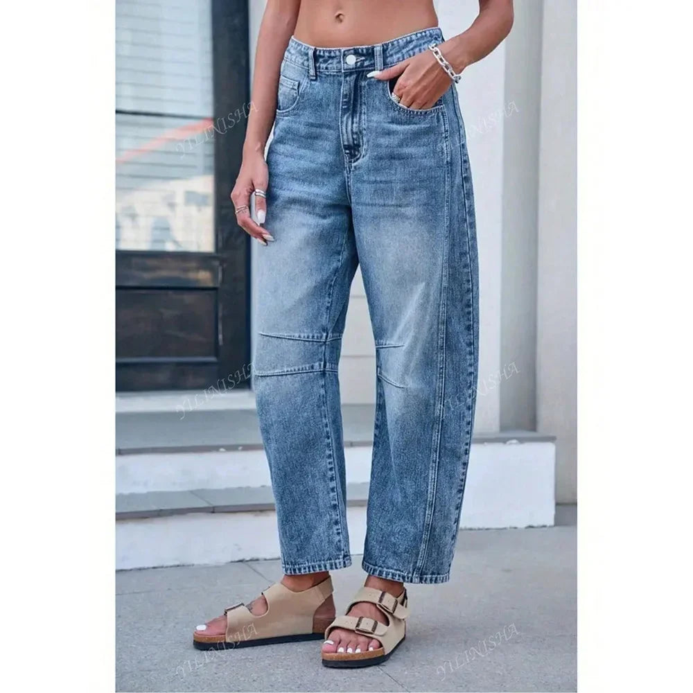 Summer New Style Women's Loose Straight Leg Jeans Draping Washed Wide Leg Long Trousers High Waist Denim Pants