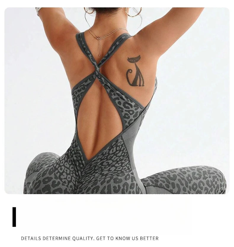 New Leopard Print Bodysuit Women Seamless Flared Pants Jumpsuits Sexy One-piece Fitness Suit Cross Back Stretchy Yoga Jumpsuits