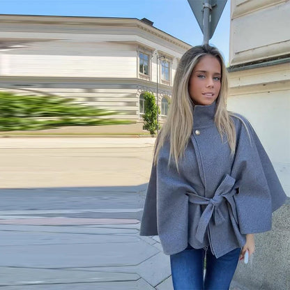 Elegant Fleece Women's Coats Solid Stand Long Sleeve Belted Lace-Up Button Jackets 2025 Autumn Winter Outerwear Female Tops