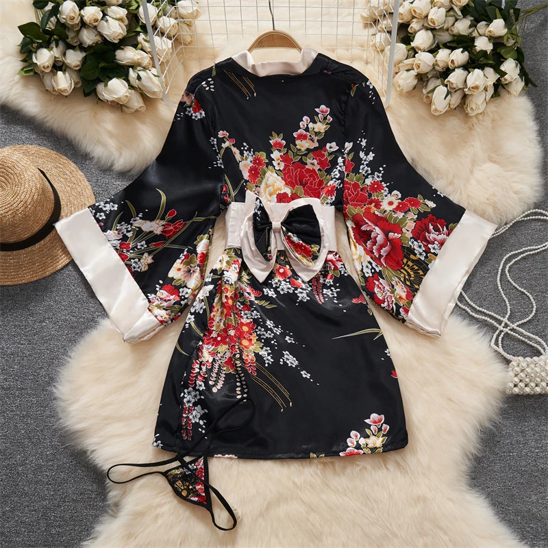 Japanese Kimono V-neck Printed Flower Bow Waist Shaping Cardigan Dress Women Clothing Loose Long Sleeve Vintage Sexy Lace-up New