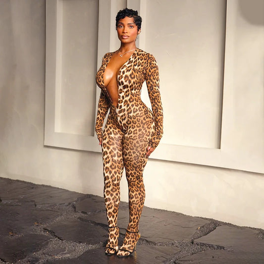 CUTENOVA Women'S Fall/Winter New Leopard Print Deep V-Neck Back Hollow Out  Bodycon Jumpsuit Sexy Fashion Streetwear Jumpsuit