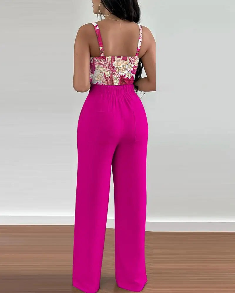 2 Piece Outfits For Women 2025 Sexy V-Neck Strap Shirred Slim Crop Top & Lace-up Wide Leg Pants Sets Elegant Office Lady Suit