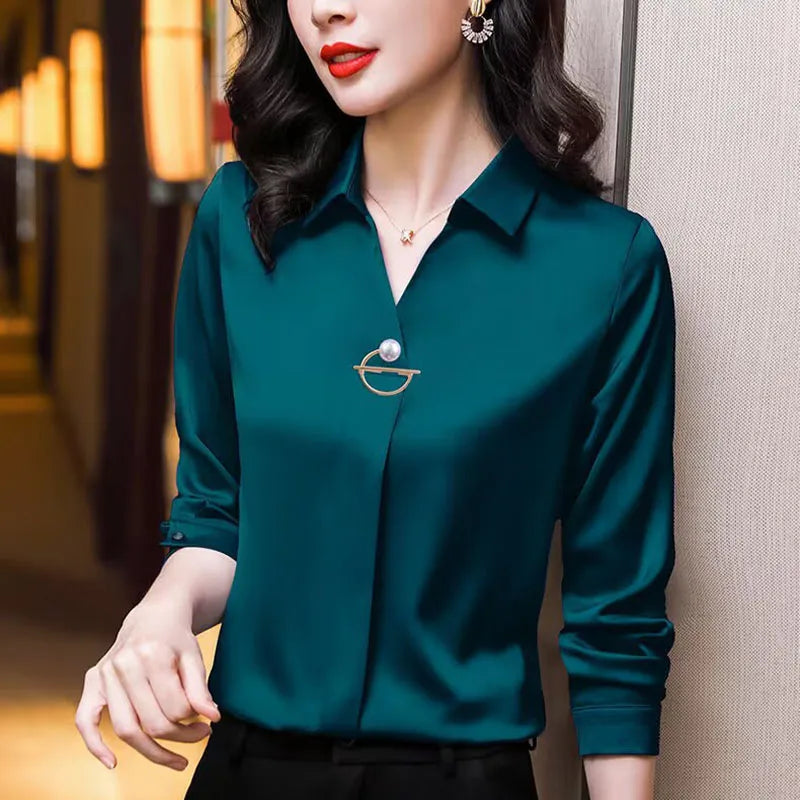 Elegant Women Chiffon Blouse New Temperament Turndown Collar Office Lady Shirt Streetwear Casual Solid Color Tops Clothing