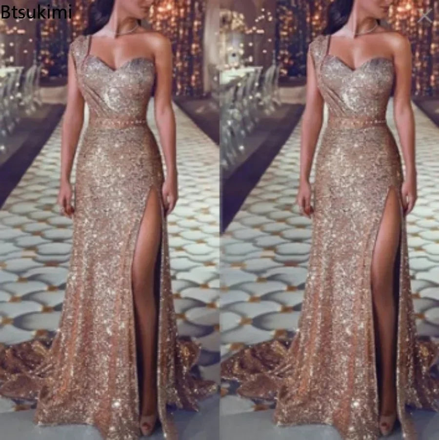 2025 Women's Wedding Party Dress Evening Elegant Sexy Deep V Neck One Shoulder Sleeveless Sequined Long Maxi Dresses For Women