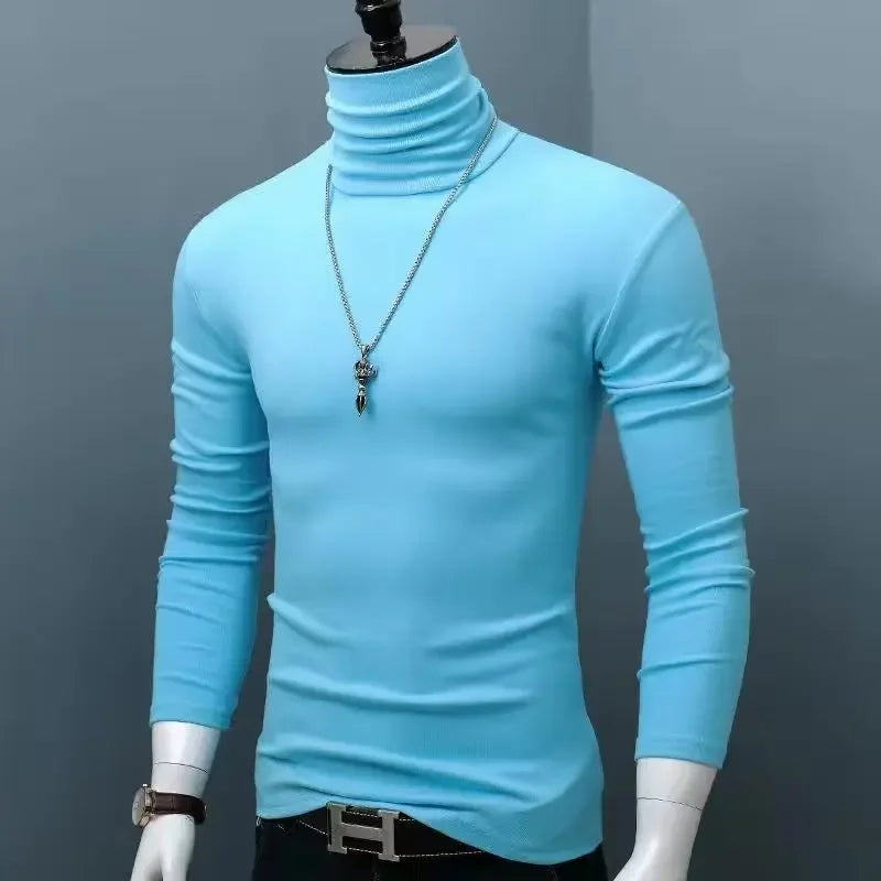 Slim Fit High Collar Long Sleeve Men's Base Shirt Inner Wear Simple Pure Color Large Size Warm Autumn Winter T-shirt Trendy Bran