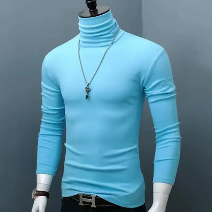 Slim Fit High Collar Long Sleeve Men's Base Shirt Inner Wear Simple Pure Color Large Size Warm Autumn Winter T-shirt Trendy Bran