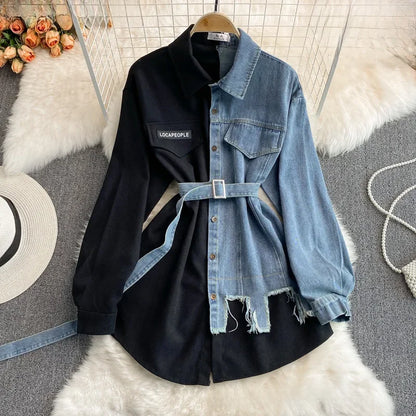 Slimming Denim Patchwork Lapel Dress Autumn Waist-fitted Medium-length Shirt