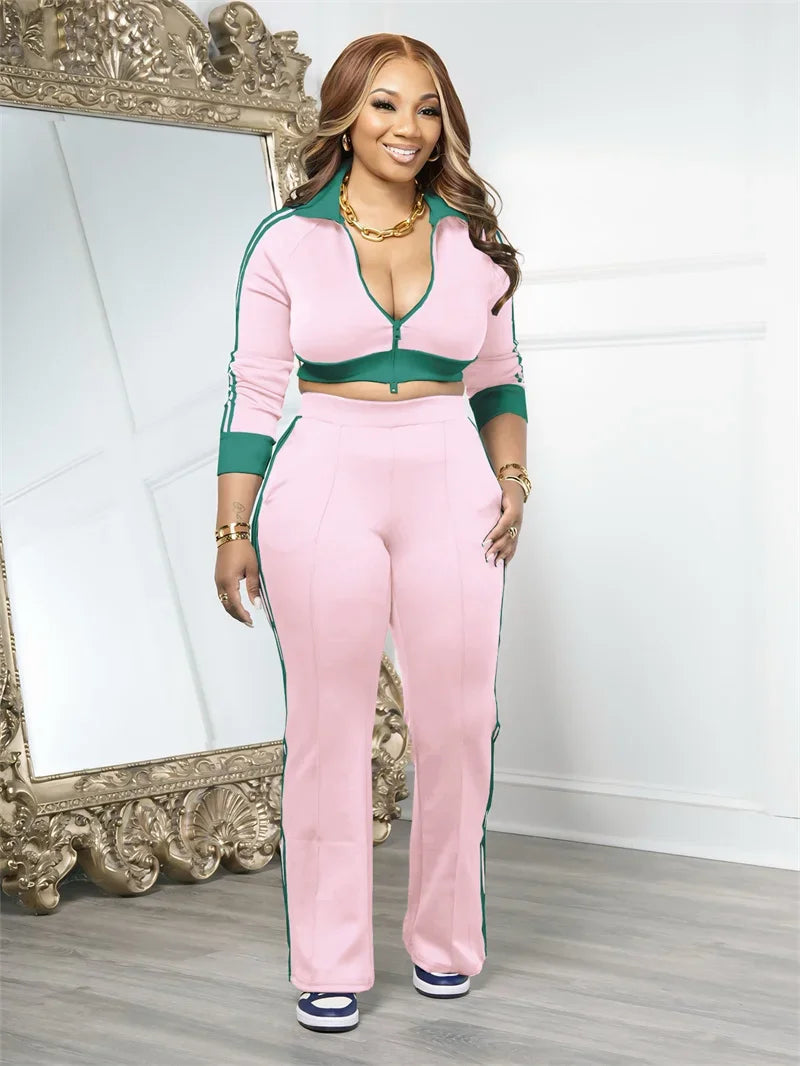 Doyerl Sporty Casual Tracksuit Women Two Piece Sets Striped Long Sleeve Zipper Cropped Jacket Top and Sweatpants Jogging Femme