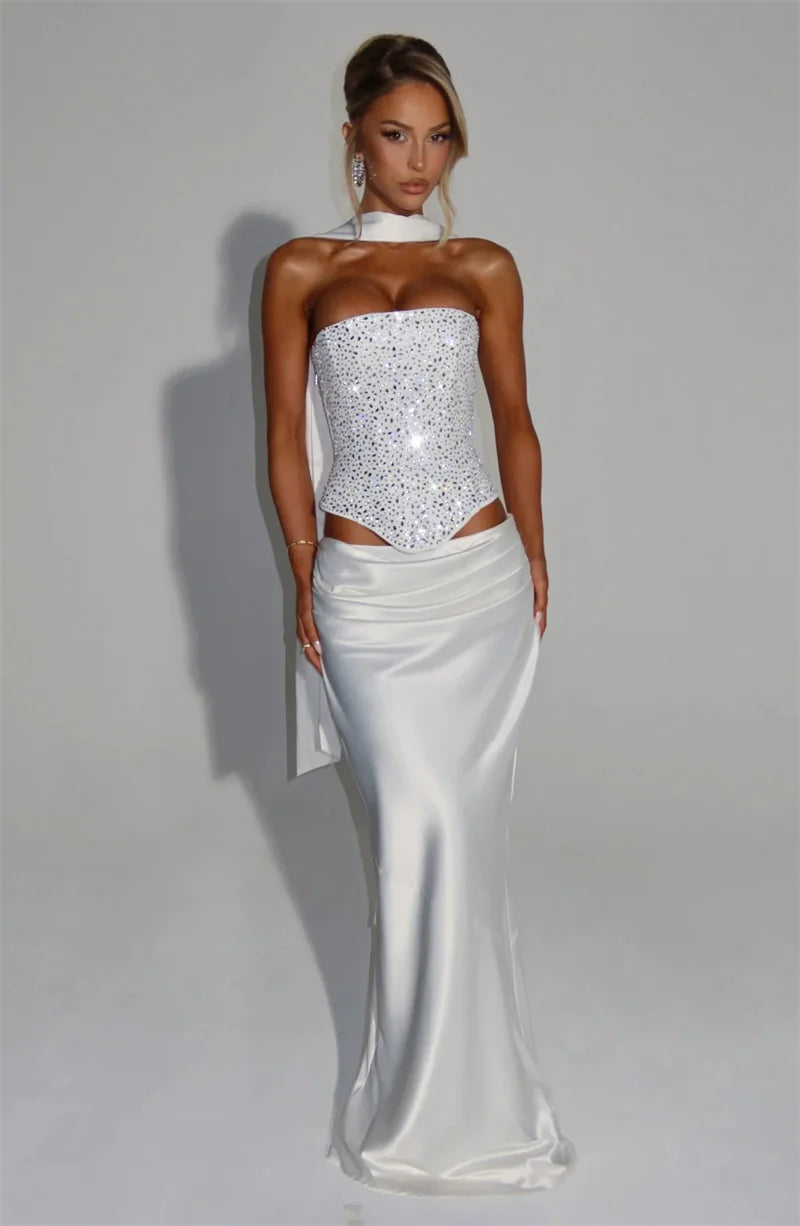 Mozision Sequins Sexy Dress Set Women Sparkle Scarf Collar Crop Tops And Maxi Skirt Elegant Club Party Satin Skirt Matching Set