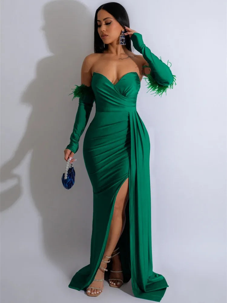 Sexy Off Shoulder Strapless Evening Long Dresses Women Elegant Party Formal Mermaid Wedding Dinner Guest Dress with Oversleeve