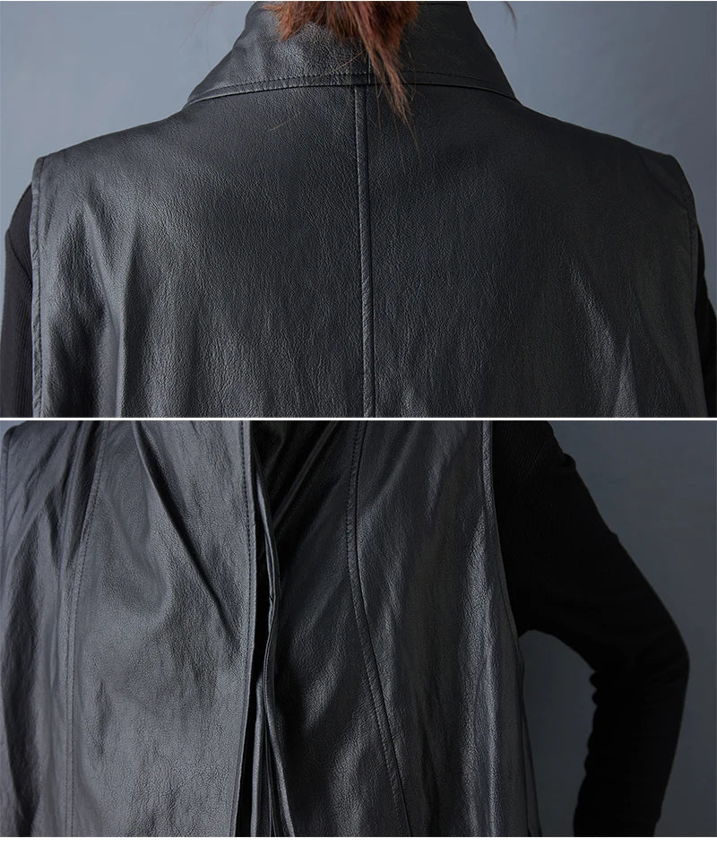 Casual Loose PU Leather Jaet Long Stand Collar Windbreaker Outerwear Faionable Design Sense Asymmetrical High-End Feeling