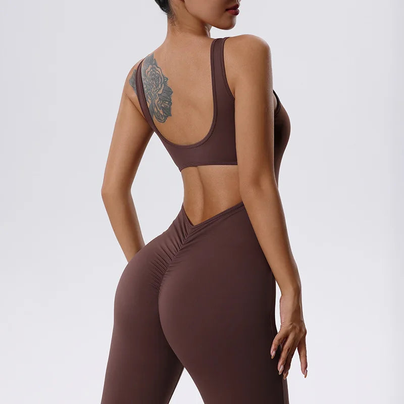 V Back Scrunch Gym Set Women Sport One-Piece Suit Yoga Suit Flared Pants Women Sports Jumpsuit Fitness Rompers Workout Bodysuits