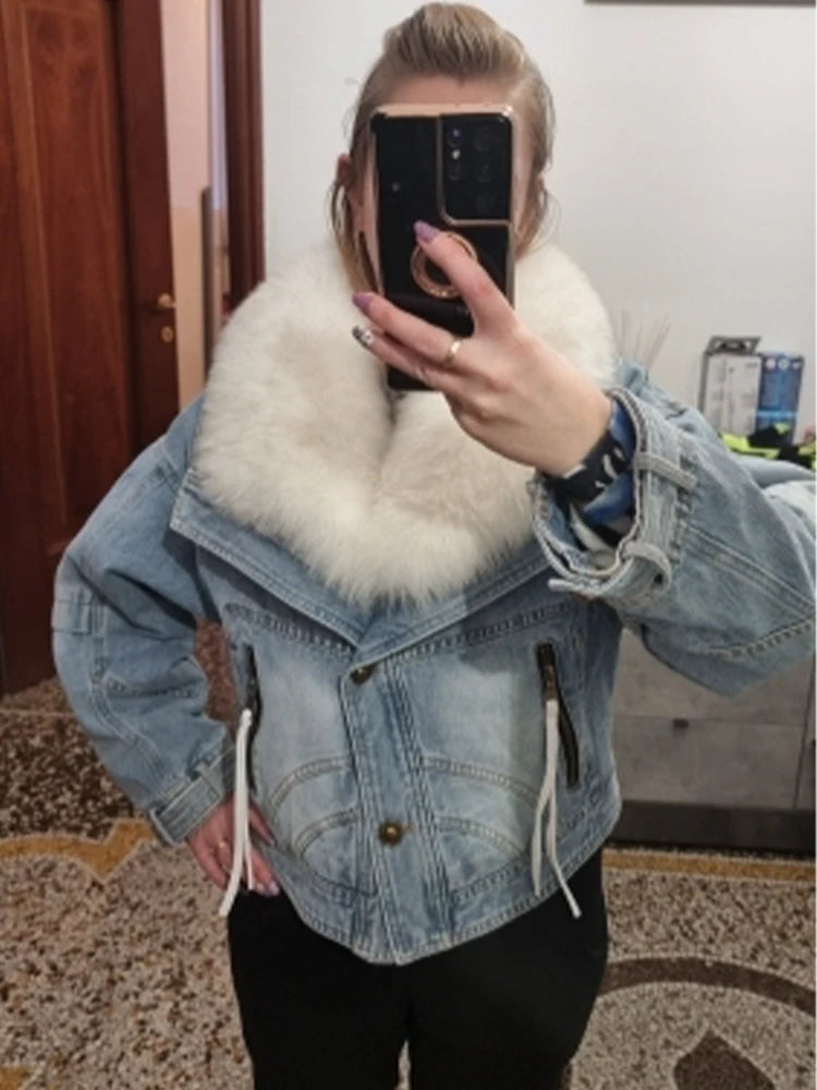 Womens Coats Spring New 100%Natural Real Fox Fur Collar Fashion Short Denim Jacket Luxury Goose Down Puffer Jackets Clothing