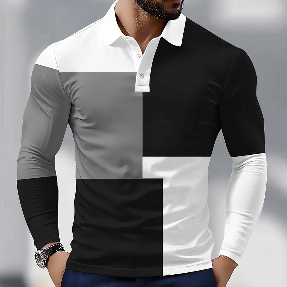 Men's Plaid Splicing Long Sleeve Polo Shirt Lapel Sports Leisure Outdoor Office Daily Wear Button Spring Autumn Winter