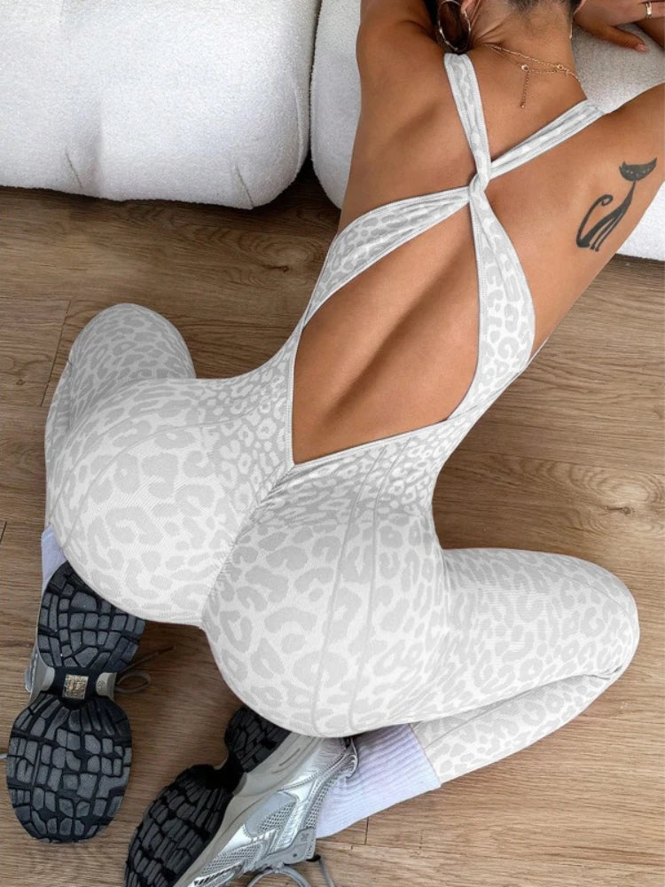 Sexy Leopard Print Sports Jumpsuits for Women V-neck Backless Yoga Bodysuit Female Sleeveless Tight Gym Running Fitness Overalls