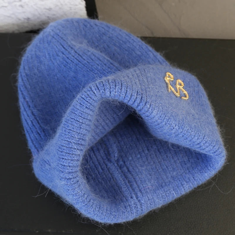 Letter Fluffy Angora Fur Beanies Winter Hat for Woman Luxury Fluffy Knited Hat Bonnet Lady Autumn Winter Warm Skullies Cap