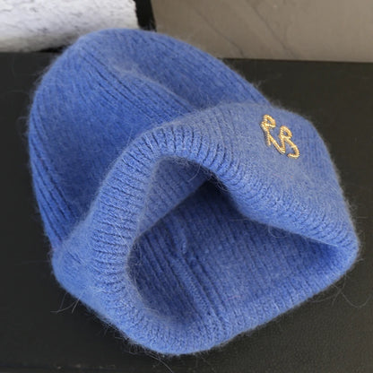 Letter Fluffy Angora Fur Beanies Winter Hat for Woman Luxury Fluffy Knited Hat Bonnet Lady Autumn Winter Warm Skullies Cap