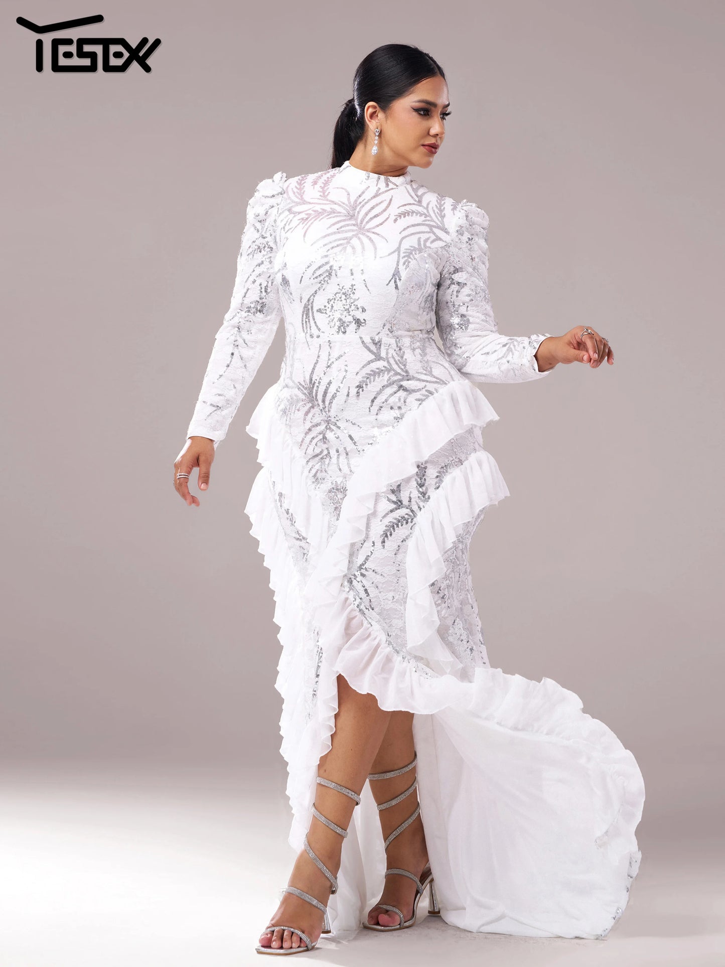 Yesexy Plus Size Elegant Beautiful Women Round Neck Long Sleeved Split Evening Gown Wedding Birthday Party Formal Occasion Dress