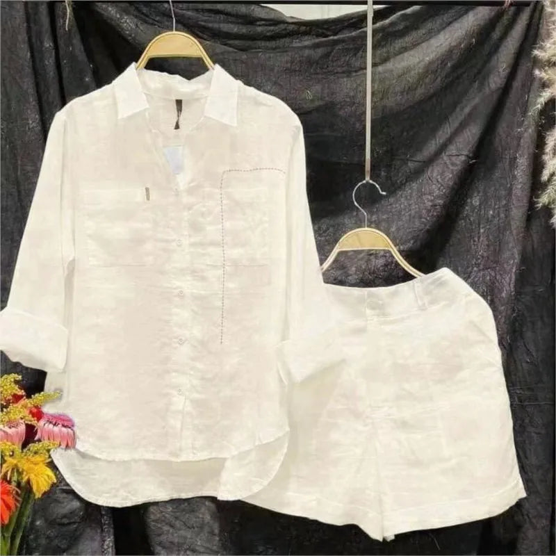 Summer Cotton Linen Casual Home 2 Piece Set For Women 2026 Fashion White Long Sleeve Shirt And Shorts Two Piece Sets Tracksuit