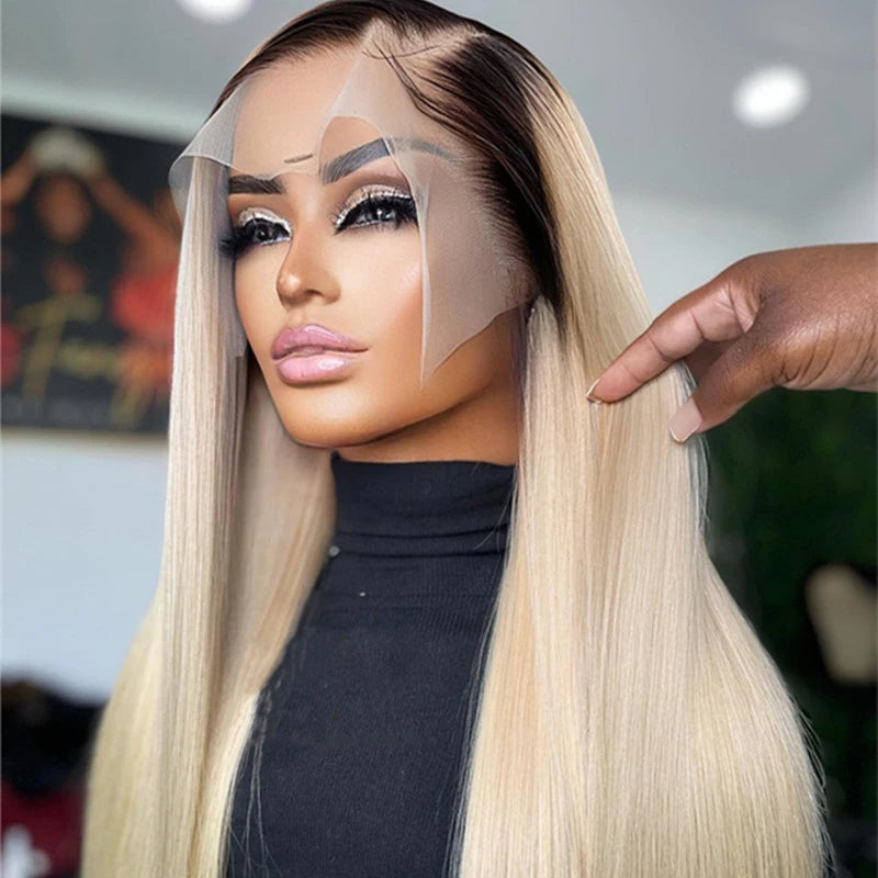 Soft Preplucked Ombre Blonde 26Inch 180Density Silky Straight Lace Front Wig Synthetic With Baby Hair Glueless Daily Wear Wigs