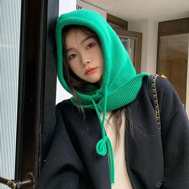 Knitted Hooded Caps Winter Balaclava Hats Women Korean Style Outdoor Warmer Drawstring Hats One-piece Neck Collar Beanies Cap