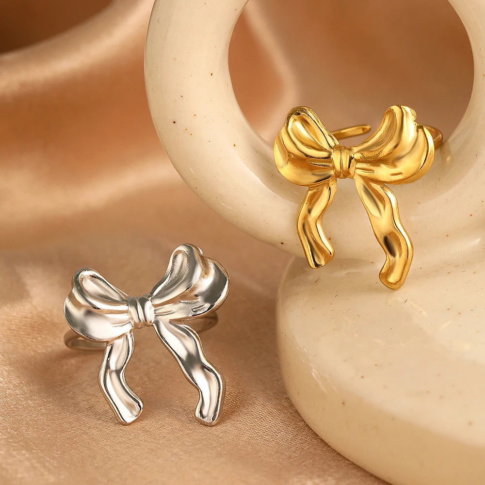 DGIDDK Stainless Steel Bow Ring Lightweight Luxury Elegant Stainless Steel Vintage Premium Feeling Jewelry For Women