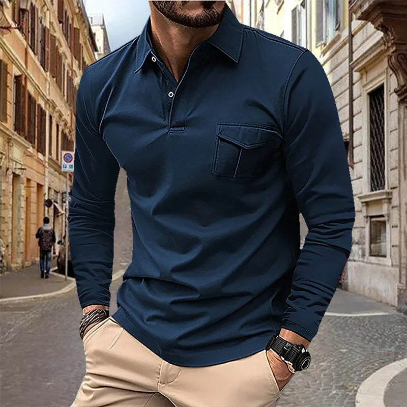Spring and Autumn Men's Polo Shirt Lapel Pocket T-shirt Men's Business Casual Long sleeved European and American Plus Size