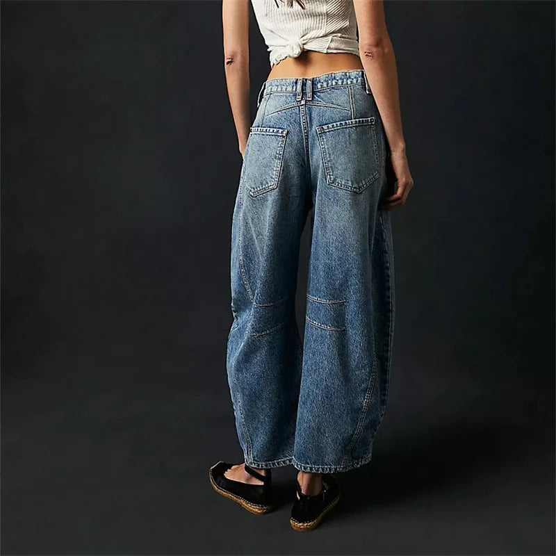 High Stretch Mid-Rise  Jeans Fashion Wide Leg Shape Women Casual Baggy Mid Waist Denim Jeans