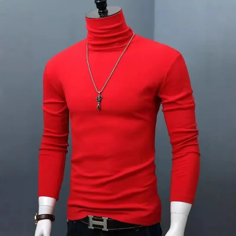 Slim Fit High Collar Long Sleeve Men's Base Shirt Inner Wear Simple Pure Color Large Size Warm Autumn Winter T-shirt Trendy Bran