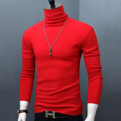 Slim Fit High Collar Long Sleeve Men's Base Shirt Inner Wear Simple Pure Color Large Size Warm Autumn Winter T-shirt Trendy Bran