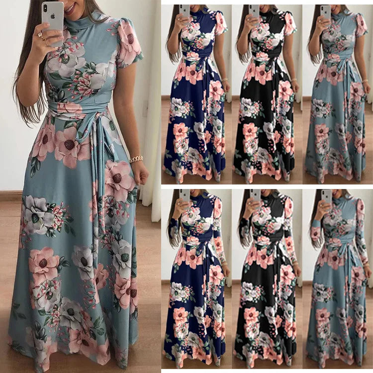 Women's Floral Print Summer Dress - 2025 New Boho A-Line Swing Dress with Short Sleeves, High Waist Flowy Maxi Dress for Beach &