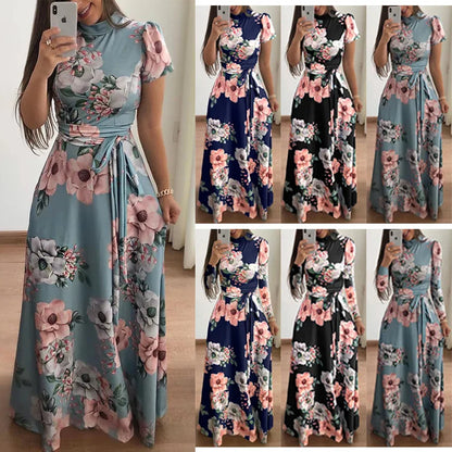 Women's Floral Print Summer Dress - 2025 New Boho A-Line Swing Dress with Short Sleeves, High Waist Flowy Maxi Dress for Beach &