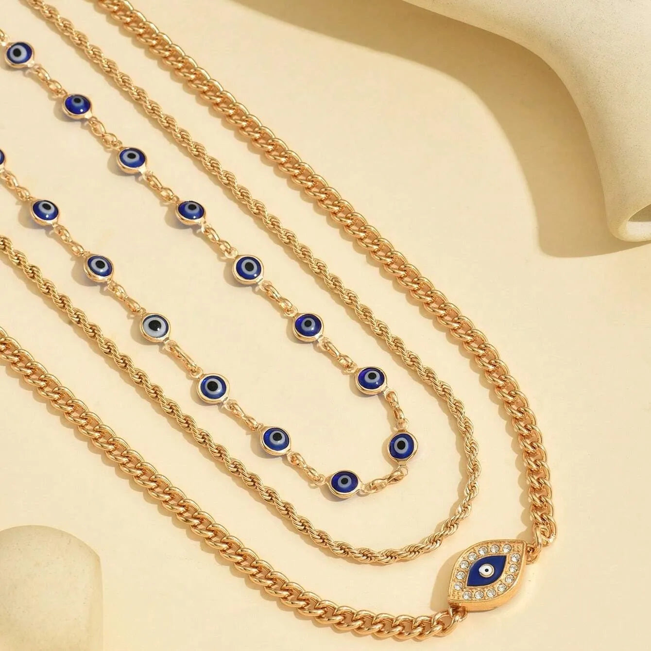 Boho Lucky Multi-layers Crystal Evil Eye Pendant Necklace For Women Geometric Round Charm Clavicle Chain Beach Jewelry