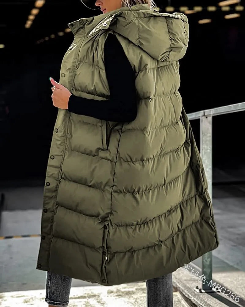 Women Solid Loose Zip Cardigan Parkas 2023 Autumn Winter Parkas Vest Coat Women Sleeveless Hooded Single Breasted Long Vest Coat