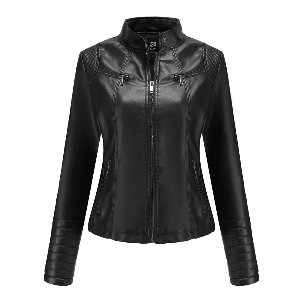Women's Slim Leather Jacket, Stand-up Collar, Zipper Stitching, Monochromatic Coat, Fashion Clothing, New