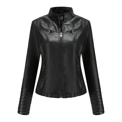 Women's Slim Leather Jacket, Stand-up Collar, Zipper Stitching, Monochromatic Coat, Fashion Clothing, New