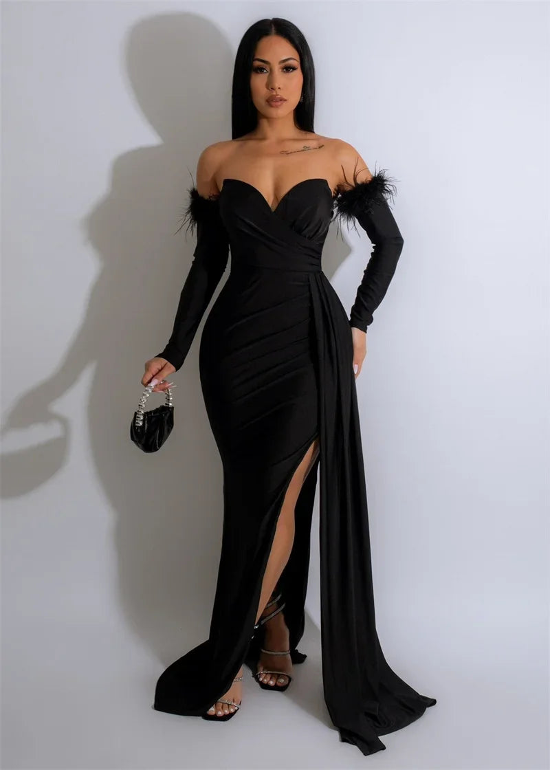 Sexy Off Shoulder Strapless Evening Long Dresses Women Elegant Party Formal Mermaid Wedding Dinner Guest Dress with Oversleeve