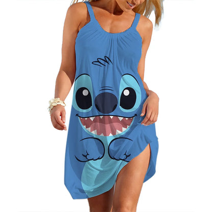 New Summer Girls Disney Stitch Women Fashion Sling Dress Women Sexy Loose Seaside Beach Clothing Cool Sleeveless Dress Quick Dry
