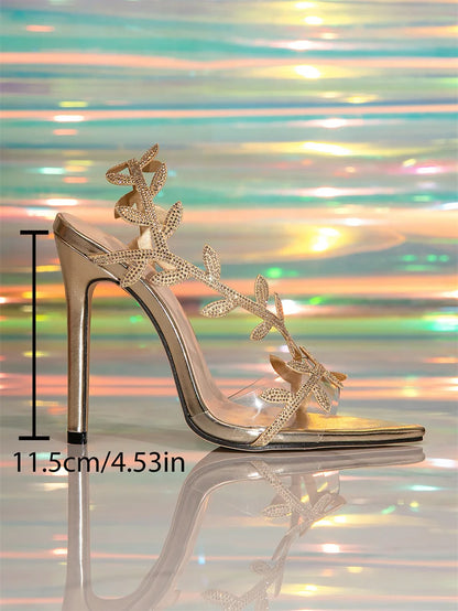 Liyke Summer Fashion Crystal Leaf Designer Sandal Women 11.5CM Stiletto Party Prom Shoes Sexy Pointed Toe Gold Silver High Heels