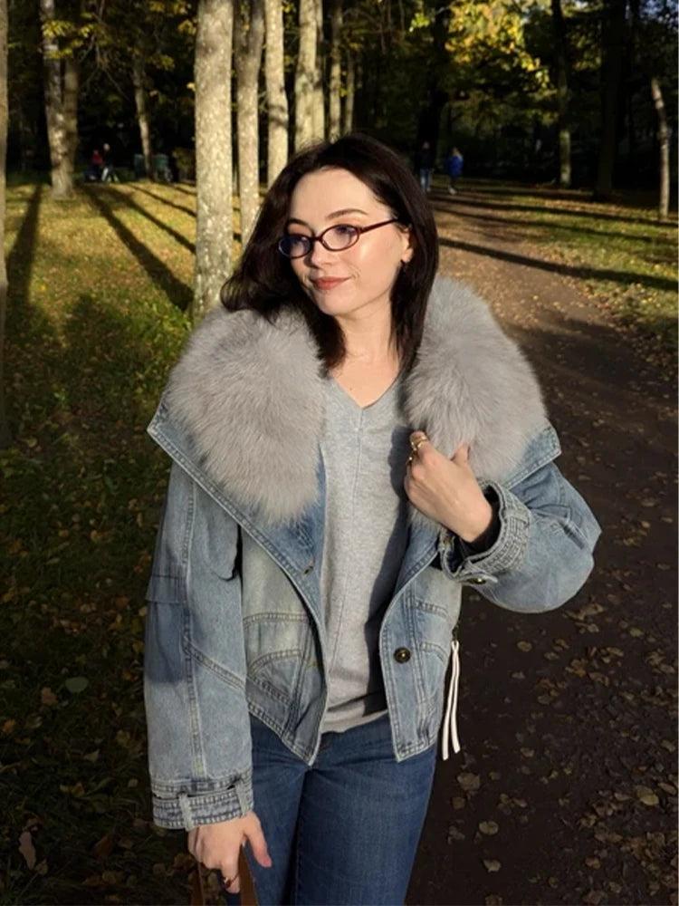 Womens Coats Spring New 100%Natural Real Fox Fur Collar Fashion Short Denim Jacket Luxury Goose Down Puffer Jackets Clothing